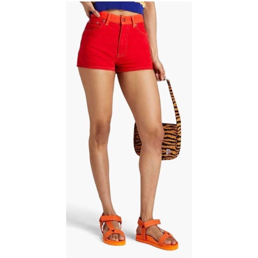 Ganni Colorblock High Rise Denim Shorts in Red/ Orange